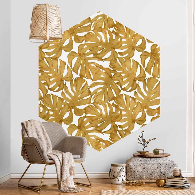 Hexagon Mustertapete selbstklebend - Aquarell Monstera Blätter in Gold