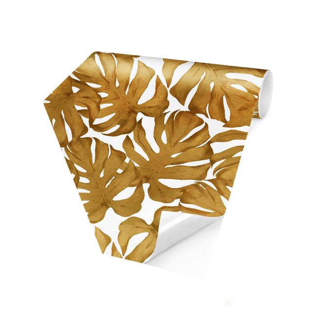 Hexagon Mustertapete selbstklebend - Aquarell Monstera Blätter in Gold