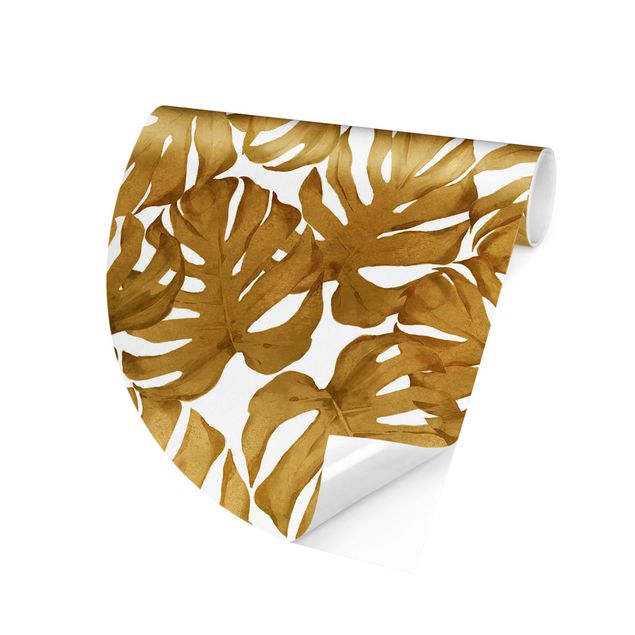 Runde Tapete selbstklebend - Aquarell Monstera Blätter in Gold