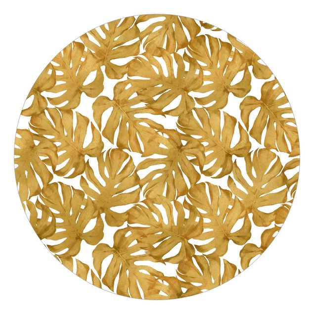 Runde Tapete selbstklebend - Aquarell Monstera Blätter in Gold