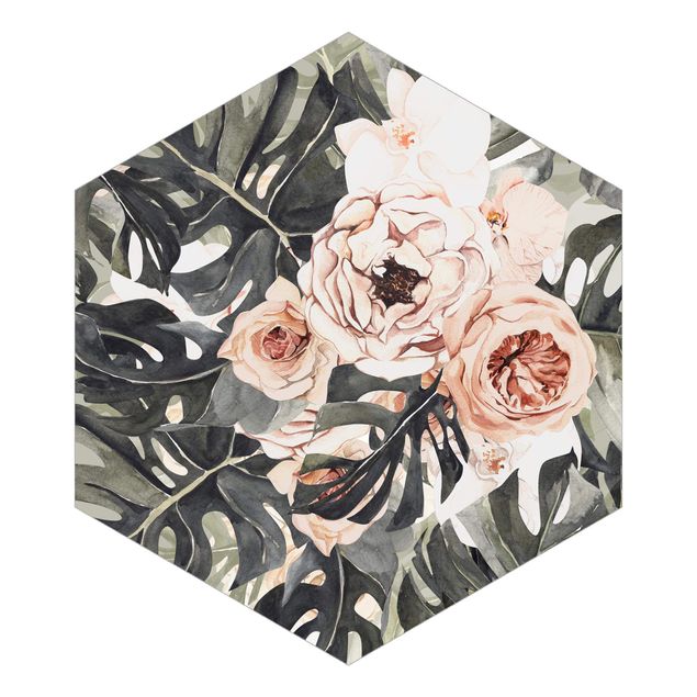 Hexagon Mustertapete selbstklebend - Aquarell Monstera Bouquet