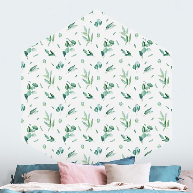 Hexagon Mustertapete selbstklebend - Aquarell Muster Blätter und Eukalyptus