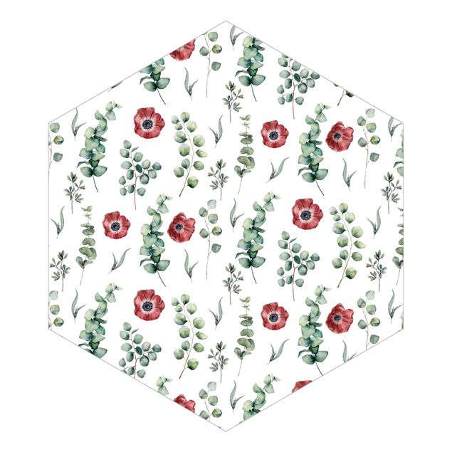 Hexagon Mustertapete selbstklebend - Aquarell Muster Eukalyptus und Blüten