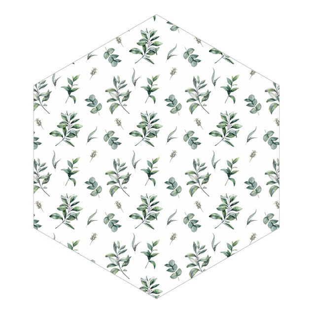 Hexagon Mustertapete selbstklebend - Aquarell Muster Zweige und Blätter