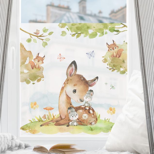 Fensterfolie - Sichtschutz - Aquarell Reh Hasen und Eichhörnchen - Fensterbilder