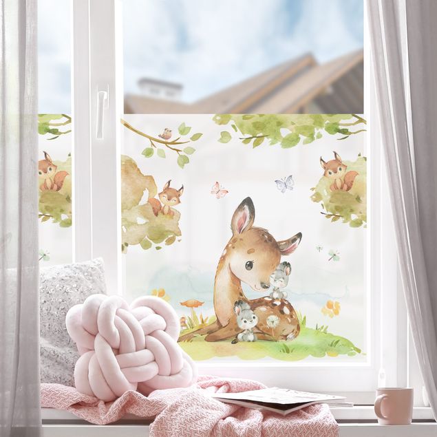 Fensterfolie - Sichtschutz - Aquarell Reh Hasen und Eichhörnchen - Fensterbilder