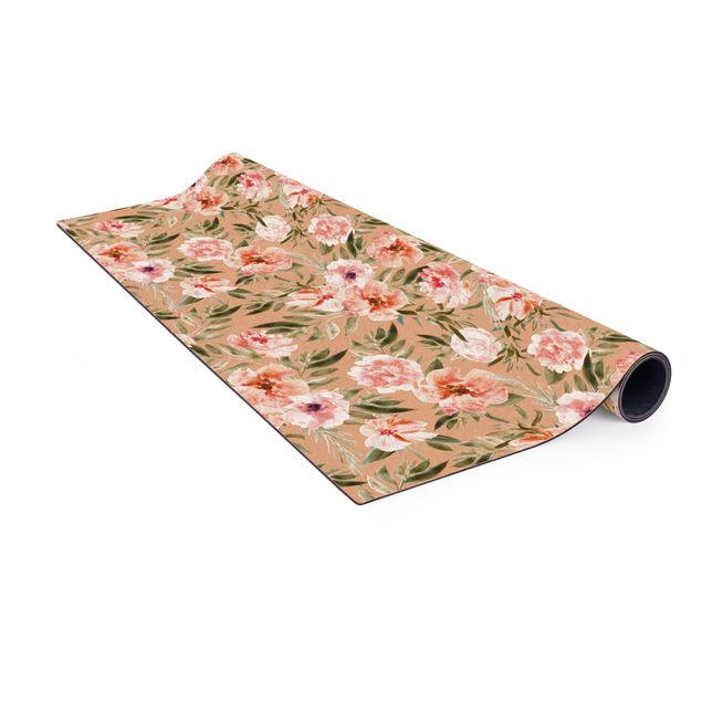 Kork-Teppich - Aquarell Rosa Blüten vor Weiß - Quadrat 1:1