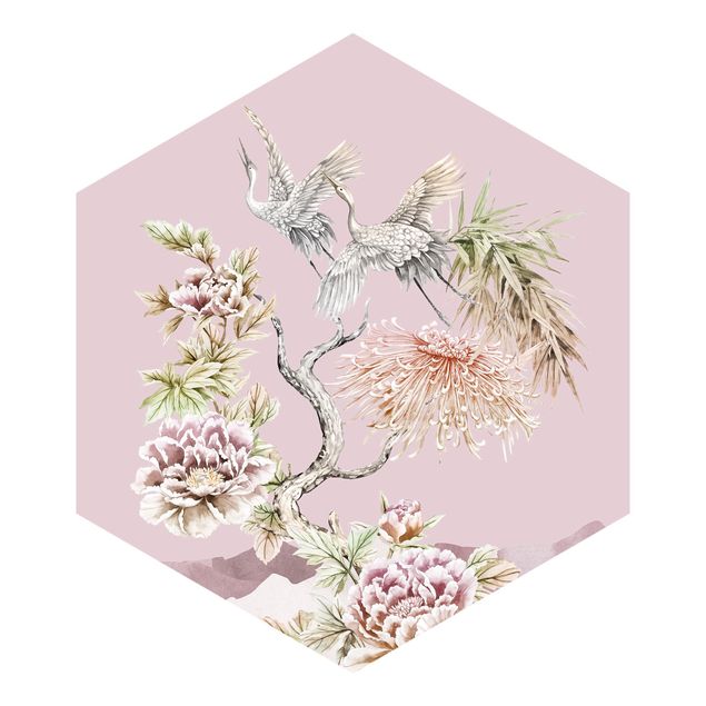 Hexagon Mustertapete selbstklebend - Aquarell Störche im Flug mit Blumen auf Rosa