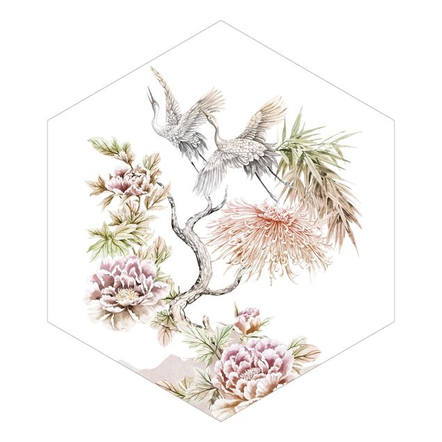 Hexagon Mustertapete selbstklebend - Aquarell Störche im Flug mit Blumen