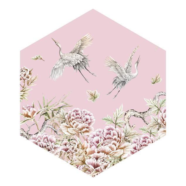 Hexagon Mustertapete selbstklebend - Aquarell Störche im Flug mit Rosen auf Rosa