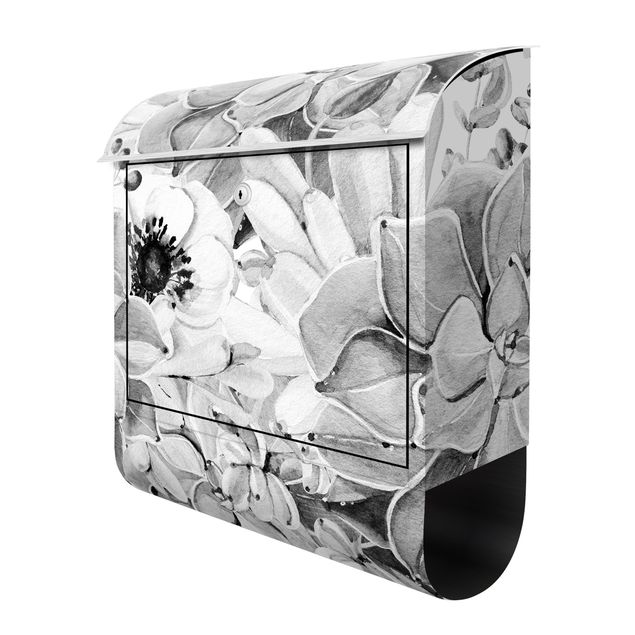 Briefkasten - Aquarell Sukkulente mit Blüte in Schwarz Weiß