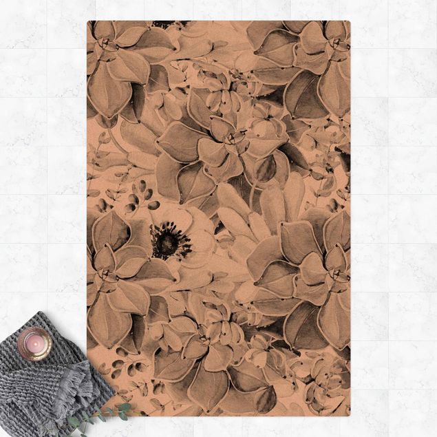 Moderner Teppich Aquarell Sukkulente mit Blüte in Schwarz Weiß