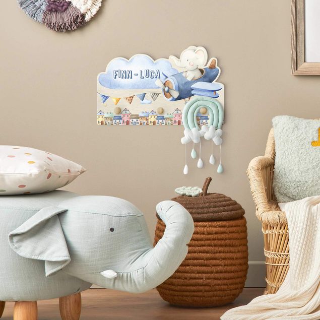 Kindergarderobe Holz - Aquarell Tierpilot Elefant mit Wunschname