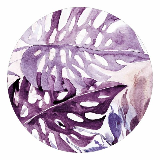 Runde Tapete selbstklebend - Aquarell Tropische Blätter mit Monstera in Aubergine