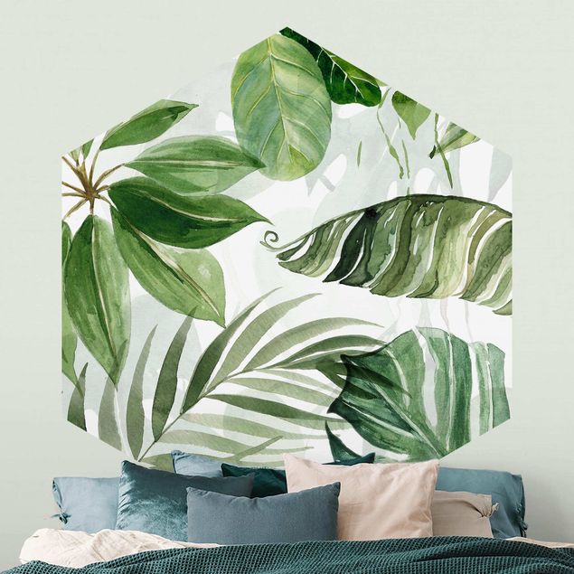 Hexagon Mustertapete selbstklebend - Aquarell Tropische Blätter und Ranken
