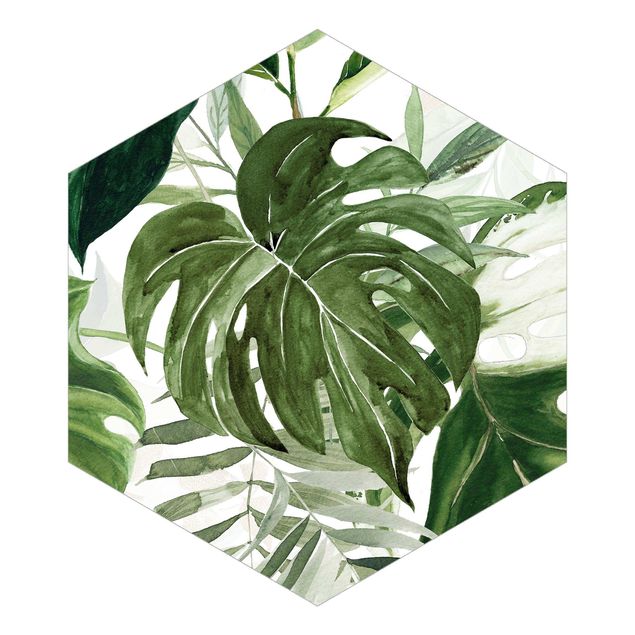 Hexagon Mustertapete selbstklebend - Aquarell Tropisches Arrangement mit Monstera