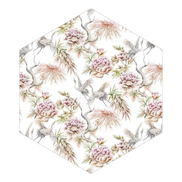 Hexagon Mustertapete selbstklebend - Aquarell Vögel mit großen Blüten