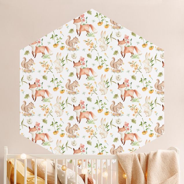 Hexagon Mustertapete selbstklebend - Aquarell Waldtiere Fuchs und Hase