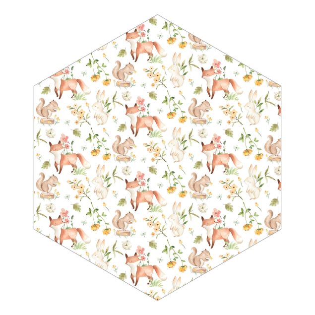 Hexagon Mustertapete selbstklebend - Aquarell Waldtiere Fuchs und Hase