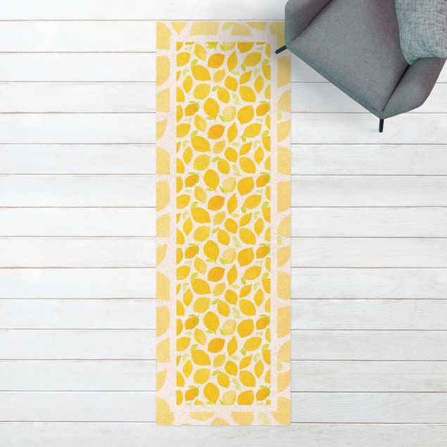 Moderne Teppiche Aquarell Zitronen mit Blättern und Rahmen