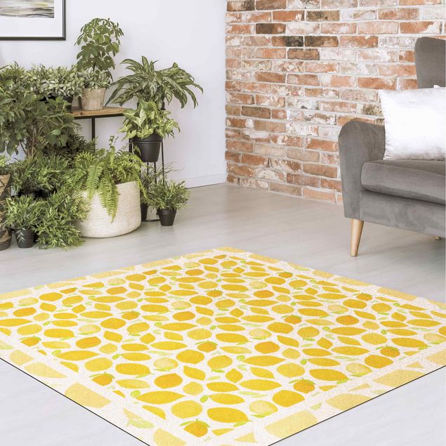 Kork-Teppich - Aquarell Zitronen mit Blättern und Rahmen - Quadrat 1:1