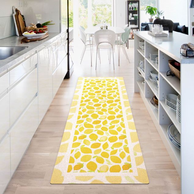 Teppich Esszimmer Aquarell Zitronen mit Blättern und Rahmen