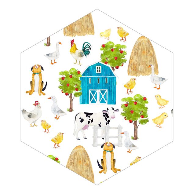 Hexagon Mustertapete selbstklebend - Aquarellierte Bauernhof Illustration