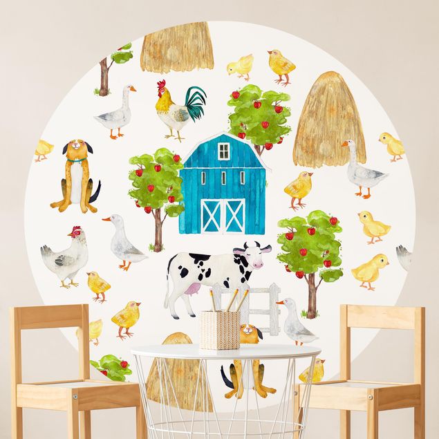 Runde Tapete selbstklebend - Aquarellierte Bauernhof Illustration