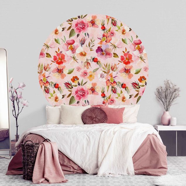 Runde Tapete selbstklebend - Aquarellierte Blumen auf Rosa