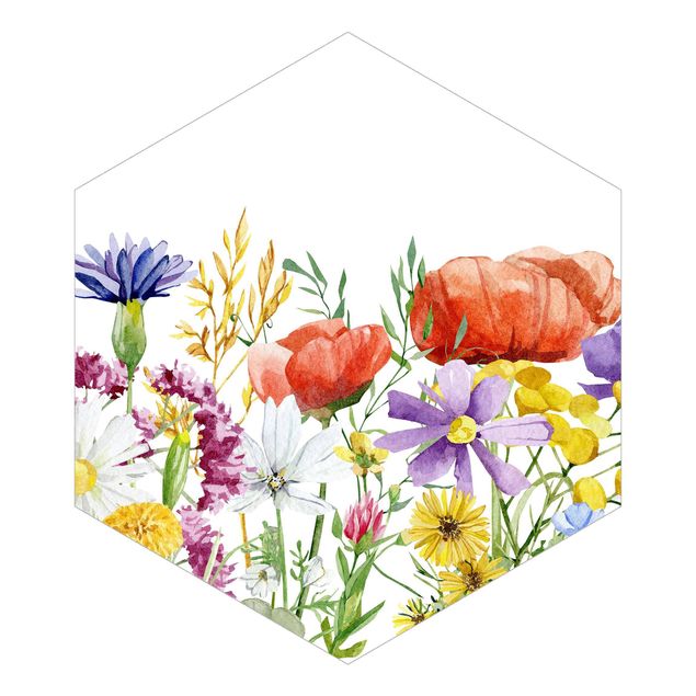 Hexagon Mustertapete selbstklebend - Aquarellierte Blumen
