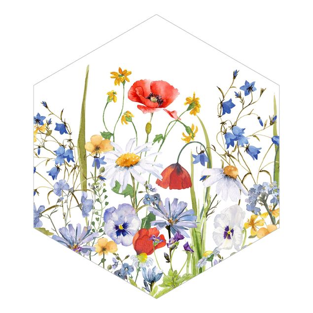 Hexagon Mustertapete selbstklebend - Aquarellierte Blumenwiese mit Mohn