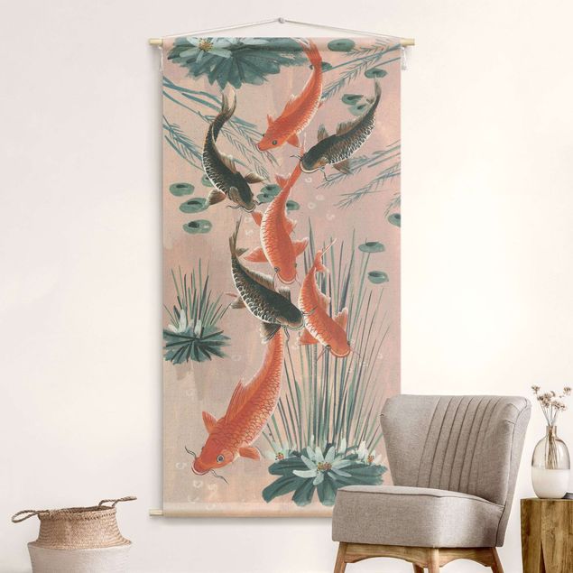 Wandbehang Stoffbild Asiatische Malerei Kois im Teich I