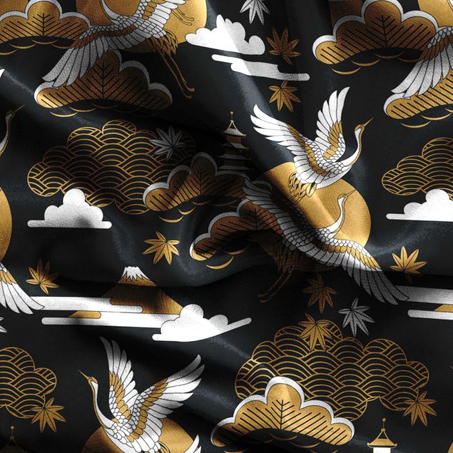 Vorhänge Tiere Asiatisches Muster mit Kranichen im Herbst