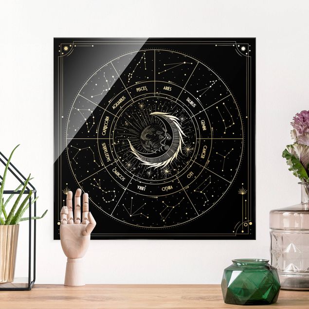 Magnettafel Glas Astrologie Mond und Sternzeichen Schwarz