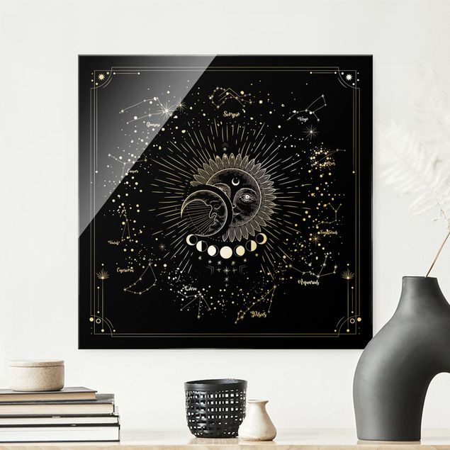 Glas Magnetboard Astrologie Sonne Mond und Sterne Schwarz