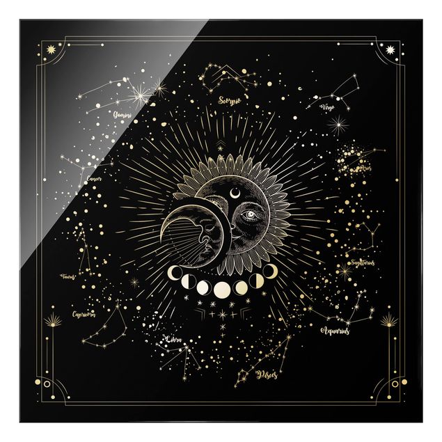 Glasbild - Astrologie Sonne Mond und Sterne Schwarz - Quadrat 1:1