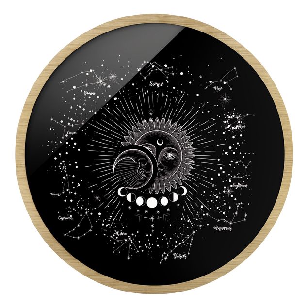 Rundes Gerahmtes Bild - Astrologie Sonne Mond und Sterne Schwarz