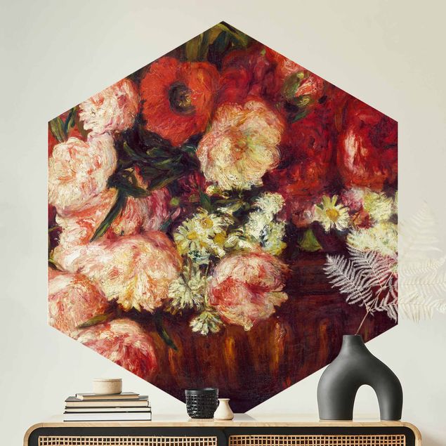 Hexagon Mustertapete selbstklebend - Auguste Renoir - Stillleben mit Pfingstrosen