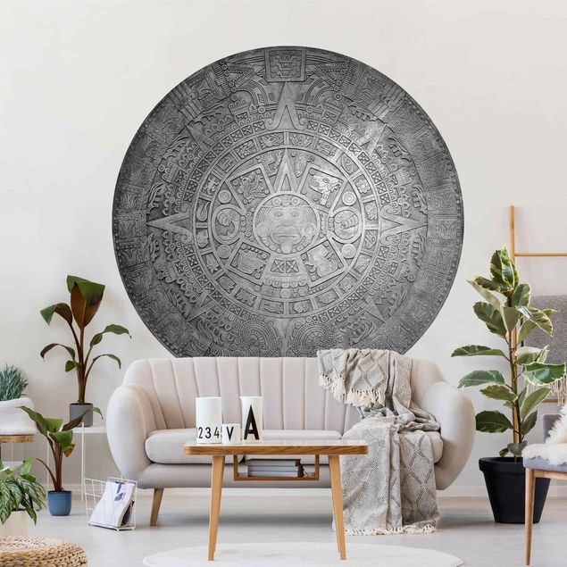 Runde Tapete selbstklebend - Azteken Ornamentik im Kreis Schwarz-Weiß