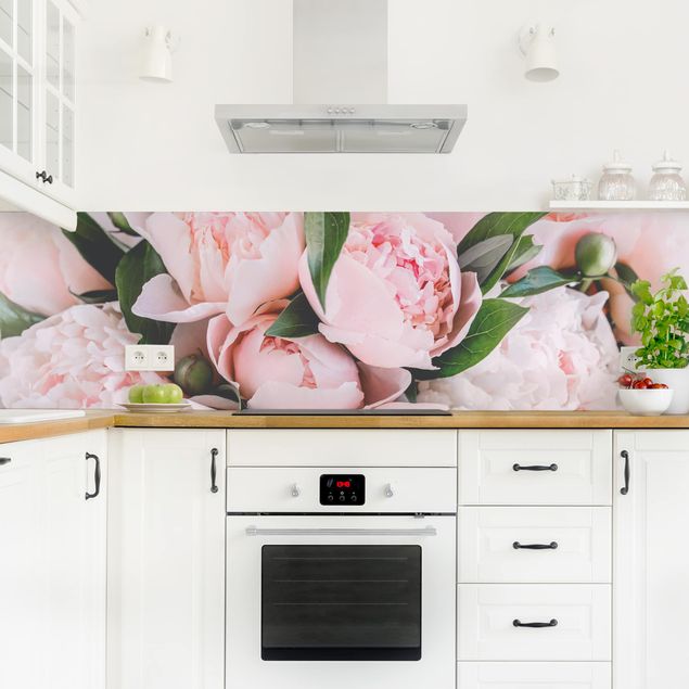 Küchenrückwand - Rosa Pfingstrosen mit Blättern