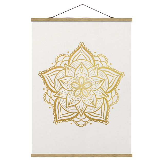 Stoffbild mit Posterleisten - Mandala Blüte Illustration weiß gold - Hochformat 3:4