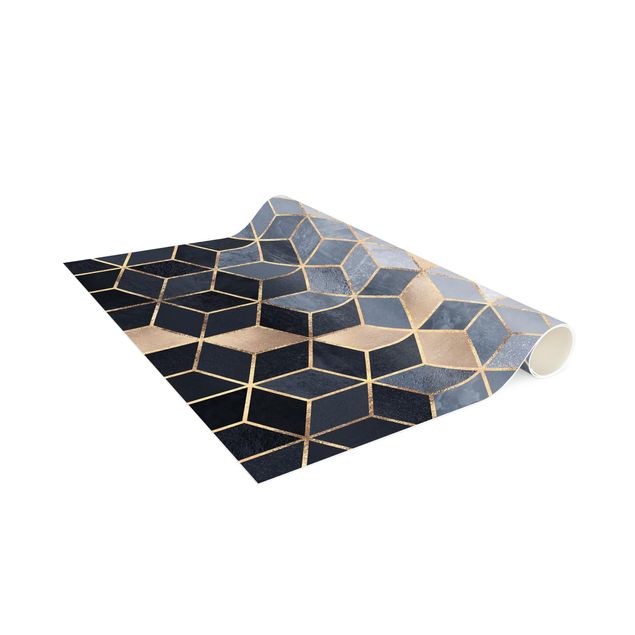 Teppich abstrakt Blau Weiß goldene Geometrie