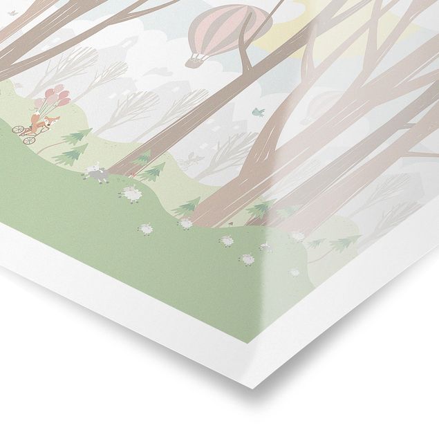 Poster - Sonne mit Bäumen und Heißluftballons - Quadrat 1:1