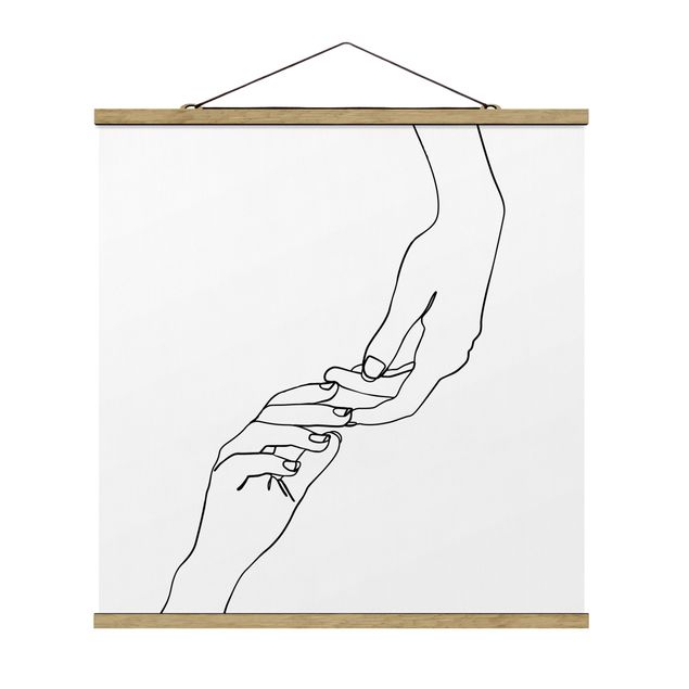 Stoffbild mit Posterleisten - Line Art Hände Berührung Schwarz Weiß - Quadrat 1:1