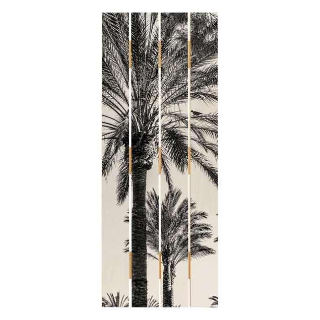 Holzbild - Palmen im Sonnenuntergang Schwarz-Weiß - Hochformat 5:2