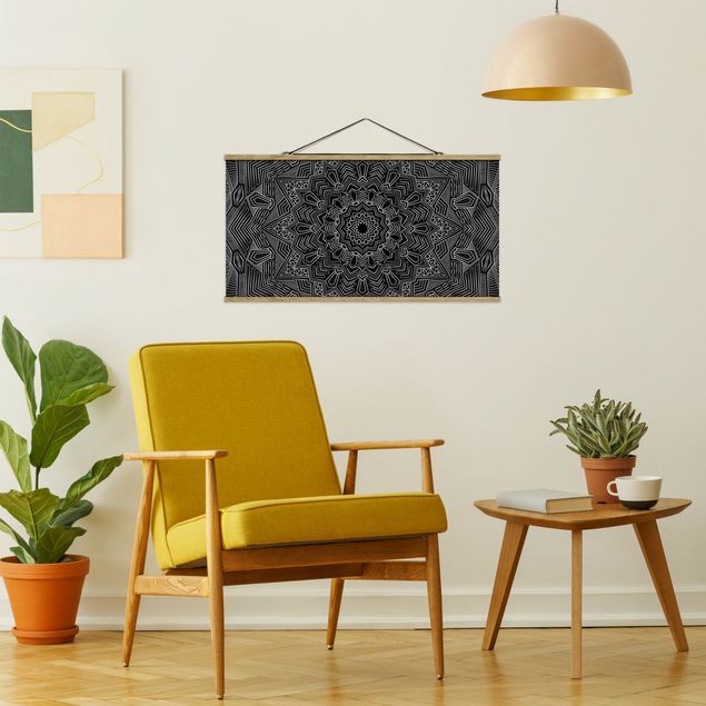 Stoffbild mit Posterleisten - Mandala Stern Muster silber schwarz - Querformat 2:1