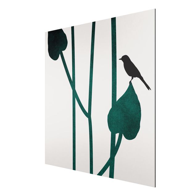 Aluminium Print - Grafische Pflanzenwelt - Vogel auf Blatt - Quadrat 1:1