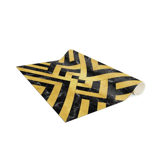 Vinyl Teppich Fliesenoptik Geometrischer Fliesenmix Art Deco Gold Schwarzer Marmor