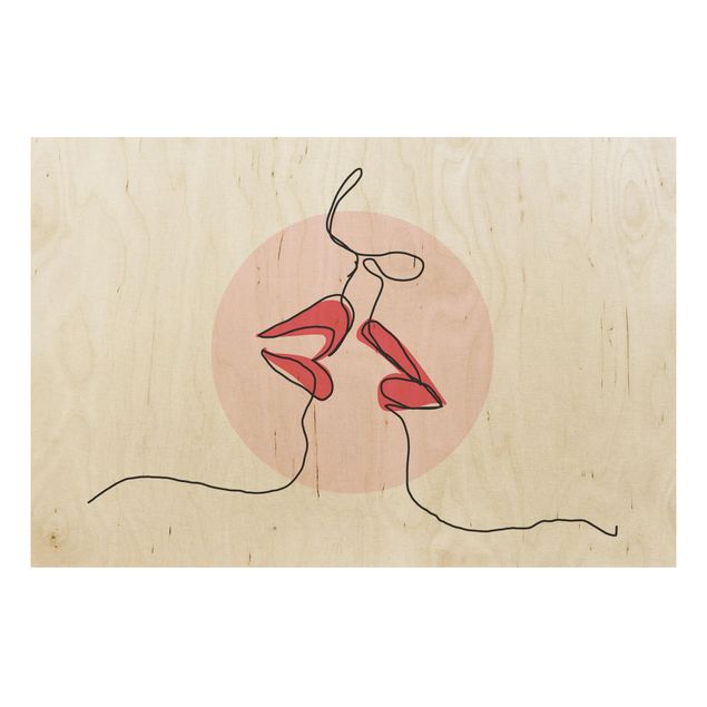 Holzbild - Lippen Kuss Line Art - Querformat 2:3