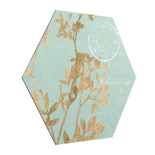 Hexagon Bild Alu-Dibond - Goldene Blätter auf Turquoise I